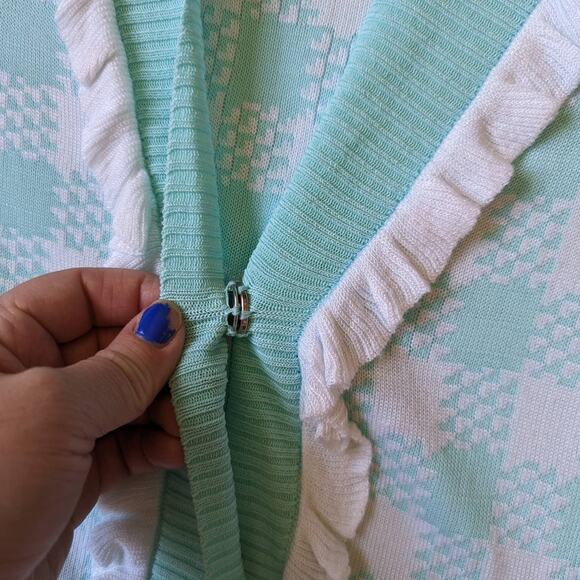 NEW Sibling London Sky Blue Ruffle Trim Checked Knitted Cardigan Sweater Large - Picture 8 of 10
